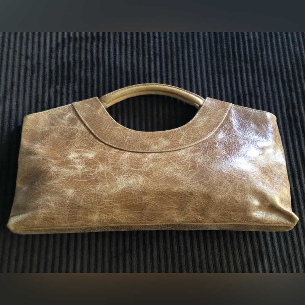 Dulce Distressed Tan Leather Clutch Bag with Curved Handles